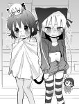  2girls animal_ear_hood blush bra bra_strap breasts breath cat_tail character_doll cleavage clenched_hands clenched_teeth cold collarbone commentary_request covering_privates doll doll_on_head fake_tail feet_out_of_frame frown furrowed_brow greyscale grimace half-closed_eyes highres holding holding_doll hood hood_up hoodie hoodie_tug kill_me_baby long_hair looking_at_viewer monochrome multiple_girls narrowed_eyes nervous nervous_sweating open_clothes open_hoodie open_mouth oribe_yasuna outdoors outline panties partially_unzipped pigeon-toed shoulder_blush side-by-side small_breasts snot sonya_(kill_me_baby) standing stomach striped striped_thighhighs sweat tail teeth thighhighs trembling twintails underwear v-shaped_eyebrows yasashii_naizou 