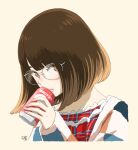  1girl archived_source blush bob_cut brown_eyes brown_hair can close-up cropped_torso glasses gradient_hair highres holding holding_can key_(kagibangou) long_sleeves looking_at_viewer multicolored_hair open_clothes original parted_lips plaid short_hair simple_background solo two-tone_hair 
