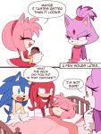  2boys 2girls absurdres amy_rose blaze_the_cat blue_eyes closed_eyes cupcake food gloves green_eyes highres knuckles_the_echidna multiple_boys multiple_girls skeptical sonic_(series) sonic_the_hedgehog speech_bubble toonsite unconscious white_background white_gloves 