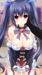  1girl bare_shoulders black_hair blue_ribbon breasts cleavage commission detached_collar detached_sleeves empty_eyes frills hair_between_eyes hair_ribbon highres hypnosis irori_(irorixc) long_hair looking_at_viewer medium_breasts mind_control neptune_(series) noire_(neptune_series) pleated_skirt pov red_eyes ribbon skeb_commission skirt solo_focus strapless thighhighs twintails very_long_hair white_skirt 