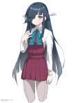  1girl absurdres aqua_bow aqua_bowtie black_hair bow bowtie brown_eyes collared_shirt cropped_legs dress dress_shirt grey_pantyhose hair_over_one_eye halter_dress halterneck hayashimo_(kancolle) highres hime_cut kantai_collection long_hair one-hour_drawing_challenge pantyhose pleated_dress purple_dress shirt solo standing twitter_username very_long_hair white_shirt yamano_rita 