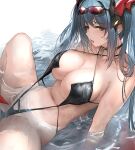  1girl absurdres azur_lane black_choker blue_hair breasts choker eyewear_on_head hair_ornament highres large_breasts leaning_back liaowen long_hair open_mouth partially_submerged regensburg_(azur_lane) regensburg_(dark_dragon_brilliant_beach)_(azur_lane) sitting slingshot_swimsuit solo spread_legs strap_gap sunglasses swimsuit twintails very_long_hair water wet wet_hair yellow_eyes 