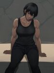  1girl absurdres android black_hair black_pants breasts commission damaged highres large_breasts mechanical_parts muscular muscular_female pants pixiv_commission rob_110101101 short_hair sitting t-800 t-x terminator_(series) the_terminator 