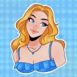  1girl artist_name blonde_hair blue_background blue_eyes blush breasts cleavage haley_(stardew_valley) highres jewelry lipstick long_hair makeup necklace simple_background siropeart solo stardew_valley 