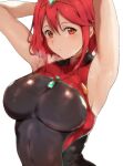  1girl absurdres alp armpits arms_up bare_arms bare_shoulders blush breasts closed_mouth highres large_breasts looking_at_viewer medium_hair pyra_(xenoblade) red_eyes red_hair simple_background sleeveless solo upper_body white_background xenoblade_chronicles_(series) xenoblade_chronicles_2 