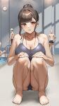 1girl anteiru bare_shoulders barefoot blurry blurry_background blush breasts brown_eyes brown_hair cleavage clock competition_swimsuit grey_one-piece_swimsuit hair_bun highres large_breasts looking_at_viewer one-piece_swimsuit open_mouth original pool pool_ladder sidelocks squatting swim_cap swimsuit thighs toes whistle whistle_around_neck 