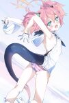  1girl :d ahoge ass back blue_archive blue_eyes blush commentary covered_nipples fang flat_chest gloves highres horns looking_at_viewer momoka_(blue_archive) niko_(tama) open_mouth panties pink_hair smile solo striped striped_panties tail twintails underwear white_gloves 