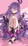  1girl absurdres ai_dongdong anklet bandaged_arm bandages bare_shoulders crossed_legs hairband hand_in_own_hair head_tilt highres honkai_(series) honkai_impact_3rd index_finger_raised jewelry long_hair purple_hair sirin sirin_(miracle_magical_girl) sitting solo star_(symbol) symbol-shaped_pupils toes upper_body yellow_eyes 