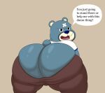  2023 absurd_res angry animal_crossing anthro band-aid band-aid_on_face bandage bear bent_over big_butt black_eyes blue_body blue_clothing blue_ears blue_fur blue_nose blue_shirt blue_t-shirt blue_tail blue_topwear bottomwear bottomwear_down brown_bottomwear brown_clothing brown_pants butt clothed clothing colossalstars curt_(animal_crossing) digital_media_(artwork) english_text fur hi_res looking_at_viewer looking_back male mammal multicolored_body multicolored_clothing multicolored_fur multicolored_topwear nintendo orange_background pants pants_down partially_clothed shirt short_tail simple_background solo speech_bubble t-shirt tail text thick_thighs tongue topwear two_tone_clothing two_tone_t-shirt two_tone_topwear white_body white_clothing white_fur white_shirt white_t-shirt white_topwear 