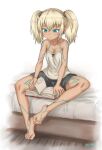  1girl absurdres aged_down bare_legs barefoot bed blonde_hair blue_eyes body_markings book breasts child cleavage collarbone earrings elf hairband highres jewelry lettanya original pointy_ears reading ribbon single_earring sitting small_breasts solo tank_top tiptoes toes tsukimaru_(ls_99ml) twintails wooden_floor 