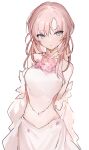  1girl bare_shoulders breasts closed_mouth flower grey_eyes hair_between_eyes long_hair looking_at_viewer lpip medium_breasts navel original parted_bangs pink_flower pink_hair simple_background solo white_background 