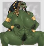  2023 ammit ammit_(moon_knight) anthro areola big_breasts braided_hair breasts carsen crocodile crocodilian crocodylid deity egyptian_mythology female genitals green_body hair hi_res marvel marvel_cinematic_universe middle_eastern_mythology moon_knight_(series) mythology nipples open_mouth pubes pussy reptile scalie solo tongue 