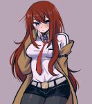  1girl :| belt black_thighhighs bow bowtie breasts brown_coat closed_mouth coat grey_background hand_on_own_face highres long_hair looking_at_viewer makise_kurisu medium_breasts megrocks open_clothes open_coat purple_eyes red_hair shirt standing steins;gate thick_thighs thighhighs thighs white_belt white_shirt 