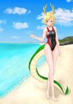  1girl antlers blonde_hair covered_navel dragon_girl dragon_horns dragon_tail highleg highleg_swimsuit highres horns kicchou_yachie looking_at_viewer mikotouca one-piece_swimsuit red_eyes short_hair swimsuit tail touhou two-tone_swimsuit yellow_horns 