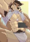  2022 abs anthro areola armpit_hair beard biceps body_hair bottomwear brown_body brown_fur brown_hair canid canine canis cellphone chest_fur clothed clothing digital_media_(artwork) dog_tags ear_piercing eyebrow_piercing eyebrow_slit eyebrows facial_hair facial_piercing fully_clothed fur hair hi_res holding_cellphone holding_object holding_phone holding_smartphone male mammal muscular muscular_anthro muscular_male muscular_thighs nipples open_bottomwear open_clothing open_shorts pecs phone piercing pose pubes quads raised_clothing raised_shirt raised_topwear selfie shirt shorts signature smartphone smile solo tan_body tan_fur teeth thick_thighs topwear underwear wolf zen_crael 