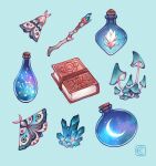  blue_background book bottle bug constellation crystal english_commentary eyanin highres moth mushroom no_humans original potion wand 