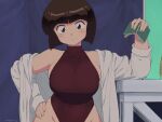  1980s_(style) 1girl bare_shoulders blush bob_cut breasts brown_eyes brown_hair casual_one-piece_swimsuit commentary_request dated halterneck hand_on_own_hip hand_on_table highleg highleg_swimsuit holding holding_notebook indoors jacket large_breasts looking_at_viewer mage_(harumagedon) notebook off_shoulder one-piece_swimsuit plump ranma_1/2 retro_artstyle short_hair signature skindentation sky solo swimsuit tendou_nabiki turtleneck turtleneck_swimsuit watermark white_jacket wide_hips 