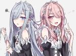  1girl 1other akiyama_mizuki black_sleeves blue_eyes detached_sleeves do_while02 grey_hair hair_ornament hair_over_one_eye highres long_eyelashes long_hair one_eye_closed pink_eyes pink_hair project_sekai sketch swept_bangs very_long_hair x_hair_ornament yoisaki_kanade 