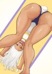  1girl animal_ears ass bare_legs bent_over boku_no_hero_academia breasts crescent_print dark-skinned_female dark_skin from_behind fur_collar hands_on_ground highres hipopotarou kneepits large_breasts legs leotard long_eyelashes long_hair looking_at_viewer mirko open_mouth rabbit_ears rabbit_girl rabbit_tail red_eyes smile solo tail taut_leotard teeth thighs toned tongue upside-down white_hair white_leotard 