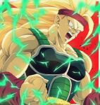  1boy angry armor bardock bare_shoulders biceps blonde_hair bure_(fantasticyouth7) clenched_hand commentary_request dragon_ball dragon_ball_z electricity energy green_eyes hands_up headband long_hair male_focus muscular muscular_male no_eyebrows open_mouth pectorals red_background red_headband red_wristband round_teeth saiyan_armor scar scar_on_cheek scar_on_face simple_background solo spiked_hair super_saiyan super_saiyan_3 teeth tongue upper_body v-shaped_eyebrows wristband 