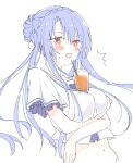  1girl ^^^ arm_under_breasts blue_hair blush braid braided_bun breast_hold breasts bubble_tea_challenge caught commentary cropped_shirt crossed_arms crown_braid drinking_straw floating_hair frilled_sleeves frills hair_between_eyes hair_bun highres large_breasts long_hair looking_at_viewer open_mouth red_eyes shirt short_sleeves simple_background sketch solo sorakado_ao summer_pockets surprised sweatdrop upper_body very_long_hair white_background white_shirt yutori_z71 