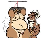  2023 aki_(aki_maned_wolf) aki_maned_wolf anthro antlers arms_tied balls belly big_belly biped black_nose bound breath brown_body brown_fur brown_nipples canid canine chest_tuft deep_navel deer duo eyebrows flaccid food foreskin fur genitals glans gloves_(marking) grey_body grey_fur hands_behind_head head_tuft holding_food holding_object horn humanoid_genitalia humanoid_penis inner_ear_fluff male male/male mammal maned_wolf markings moobs motion_lines navel nipples nude obese obese_anthro obese_male overweight overweight_anthro overweight_male penis pizza simple_background star_(marking) tail tail_motion tailwag tan_body tan_fur tevdog thick_thighs tongue tongue_out tuft white_background 