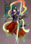  1girl armor arrow_(projectile) black_hair bow_(weapon) commentary_request dragon eastern_dragon flower full_body gauntlets gloves hair_flower hair_ornament hakama highres hip_vent holding holding_weapon japanese_clothes looking_at_viewer open_mouth original pandaraion_(kanikani2950) red_eyes red_hakama ribbon sandals short_hair shoulder_armor weapon 