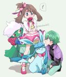  ! 1boy 1girl absurdres black_shirt blue_eyes blush bow brown_hair dated drew_(pokemon) earrings flower full_body glaceon green_eyes green_hair hair_bow highres holding holding_flower idol jacket jewelry long_sleeves looking_at_another may_(pokemon) midriff navel official_alternate_costume official_alternate_hairstyle open_clothes open_jacket pants pink_footwear pink_skirt pokemon pokemon_(anime) pokemon_(creature) pokemon_journeys pokemon_rse_(anime) purple_jacket red_flower red_rose rose roserade shirt skirt tama-chan_(momomomijisakura) twitter_username 