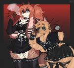  absurd_res anthro bottomwear breasts clothing collar domestic_cat facial_piercing felid feline felis female fishnet fishnet_legwear goth hi_res jinu lagomorph legwear leporid mammal nose_piercing nose_ring piercing rabbit ring_piercing skirt smoking thick_thighs thigh_highs 