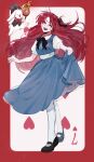  1girl :d alice_(alice_in_wonderland) alice_(alice_in_wonderland)_(cosplay) alice_in_wonderland apron bandage_over_one_eye bandaid bandaid_on_cheek bandaid_on_face black_bow black_footwear blue_apron bow bowtie card clock closed_eyes collared_dress cosplay dante_(limbus_company) dress full_body hair_bow korean_commentary leggings limbus_company long_hair mad_hatter_(alice_in_wonderland) mary_janes open_mouth playing_card project_moon puffy_short_sleeves puffy_sleeves red_hair shoes short_sleeves skirt_hold smile solo vvindyday white_dress white_leggings yuri_(limbus_company) 