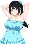  1girl absurdres alternate_breast_size arind_yudha armpits arms_up blue_dress breasts closed_mouth collarbone dress frilled_dress frills hibike!_euphonium high_ponytail highres kousaka_reina large_breasts purple_eyes simple_background solo spaghetti_strap tying_hair upper_body white_background 
