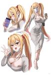  1girl absurdres blonde_hair blush borrowed_character breasts cellphone cleavage collarbone cosplay covered_navel cup dongtan_lady_(k_pring) dongtan_lady_(k_pring)_(cosplay) dress earphones earrings fellatio_gesture full_body hair_bobbles hair_ornament highres holding holding_cup jewelry large_breasts long_hair mask mouth_mask nail_polish necklace phone pink_nails red_eyes sayuri_(k_pring) simple_background single_earring smartphone starbucks tattoo thighs tongue tongue_out twintails white_background white_dress yato_(yama0x1) 