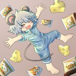  1girl alternate_costume animal_ears barefoot blush brown_background cheese choco_monaka_jumbo closed_eyes commentary_request cookie_(touhou) drddrddo fang flat_chest food full_body grey_hair grey_jumpsuit highres instant_ramen jumping jumpsuit medium_bangs mouse_ears mouse_girl mouse_tail nazrin nyon_(cookie) open_mouth short_hair short_sleeves simple_background smile solo tail the_chicken_that_appears_in_the_middle_of_cookie touhou zipper 
