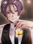  1boy alcohol bartender bishounen black_necktie cup drinking_glass heterochromia holding holding_cup ice ice_cube kuya_(nu_carnival) long_sleeves looking_at_viewer male_focus mole mole_under_eye necktie nu_carnival parted_lips purple_eyes purple_hair purple_nails short_hair smile whiskey yaaakubi yellow_eyes 
