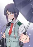  1girl absurdres bag blue_hair blush boku_no_hero_academia collared_shirt grey_eyes highres holding holding_umbrella jirou_kyouka looking_at_viewer necktie parted_lips rain red_necktie school_bag school_uniform shinonome_mozuku shirt short_hair shoulder_bag solo u.a._school_uniform umbrella upper_body white_shirt 