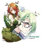  1girl adarin antlers blush braid branch breasts ceres_fauna cleavage cosplay dc_comics dual_persona flower glasses green_hair green_pantyhose hair_flower hair_ornament highres hololive hololive_english large_breasts lips long_hair looking_at_viewer makeup mole mole_under_eye multicolored_hair pantyhose plant poison_ivy poison_ivy_(cosplay) red_hair simple_background smile solo streaked_hair vines virtual_youtuber white_background yellow_eyes 