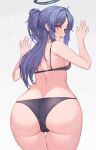  1girl ass bare_shoulders blue_archive blue_eyes blush bra cameltoe commentary halo highres kuavera long_hair looking_at_viewer looking_back open_mouth panties parted_bangs ponytail purple_hair star_sticker sticker_on_face sweat thigh_gap thighs underwear white_background yuuka_(blue_archive) 
