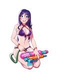 1girl :d bare_shoulders bikini blue_eyes blush blushyspicy bracelet caitlyn_(league_of_legends) hair_between_eyes jewelry kneeling league_of_legends long_hair looking_at_viewer navel o-ring o-ring_top outline purple_bikini smile solo swimsuit teeth transparent_background upper_teeth_only water_gun white_outline 
