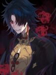  1boy black_background black_hair black_jacket blade_(honkai:_star_rail) chinese_clothes earrings flower hair_over_one_eye highres honkai:_star_rail honkai_(series) jacket jewelry long_hair male_focus multicolored_hair one_eye_covered red_eyes red_flower red_hair shirt single_earring smirk solo spider_lily tassel tassel_earrings teeth tomato_neee yellow_shirt 