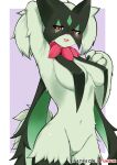  anthro big_breasts blush breasts featureless_crotch felid feline female fur generation_9_pokemon green_body green_fur hi_res mammal meowscarada nintendo pokemon pokemon_(species) punipuni smile solo 