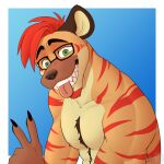  absurd_res anthro body_hair chest_hair chest_tuft eyewear flicklock gesture glasses hi_res hyena male mammal portrait solo striped_body stripes tongue tongue_out tuft v_sign 