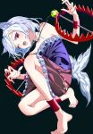  1girl absurdres animal_ears barefoot collarbone dog_ears dog_tail foothold_trap frilled_skirt frills grey_hair highres mitsugashira_enoko mizoreshi multiple_tails one_eye_closed open_mouth purple_shirt red_eyes red_skirt shirt short_hair skirt solo tail toenails touhou 