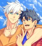  2boys arm_around_neck bara black_hair blue_eyes collarbone fate/grand_order fate_(series) fujimaru_ritsuka_(male) hair_between_eyes highres looking_at_viewer male_focus multiple_boys muscular muscular_male open_mouth orange_shirt pectorals percival_(fate) shirt short_hair sleeves_rolled_up smile twitter_username v veins veiny_arms white_hair yaekaidou yaoi 