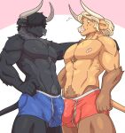  2023 anthro anthro_on_anthro arm_tuft balls_outline big_bulge black_body black_fur blonde_hair blush body_hair bovid bovine bulge bulge_frottage cattle clothing detailed_bulge duo ear_piercing fur genital_outline hair happy_trail hi_res horn jason_(slightlysimian) logan_(jezzlen) male male/male mammal muscular muscular_anthro muscular_male neck_tuft nipples piercing sex simple_background slightlysimian tuft yellow_body yellow_fur 