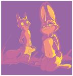  anthro bodily_fluids breasts bulge canid canine clothed clothing disney drooling duo female flashing fox genital_outline judy_hopps lagomorph leporid male male/female mammal nick_wilde penis_outline purple_background rabbit robcivecat saliva simple_background smug tongue tongue_out topless underwear zootopia 