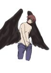  1boy bird_wings black_choker black_wings choker clothed_masturbation feathered_wings green_eyes hair_between_eyes hair_over_one_eye highres kamisama_hajimemashita kurama_(kamisamashita) male_masturbation masturbation mole mole_under_eye non-web_source penis red_choker red_hair short_hair small_penis topless_male wings 