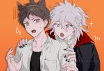  2boys ahoge animal_ears black_cape black_nails blush boleum_(dgrpluna) breast_pocket brown_eyes brown_hair cape cat_boy cat_ears danganronpa_(series) danganronpa_2:_goodbye_despair earrings fangs fingernails hair_between_eyes hand_up hinata_hajime jewelry komaeda_nagito male_focus multiple_boys nail_polish open_clothes open_shirt orange_background pale_skin pocket pointy_ears red_cape shaded_face sharp_fingernails shirt sparkle sweat teeth two-tone_cape vampire watermark white_shirt 