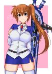  1girl belt blue_skirt blush border breast_pocket breasts brown_hair closed_mouth collared_shirt cowboy_shot hair_between_eyes hair_tie hand_on_own_chest heart highres jacket kunisaki-air large_breasts long_hair long_sleeves looking_at_viewer lyrical_nanoha mahou_shoujo_lyrical_nanoha mahou_shoujo_lyrical_nanoha_strikers military_uniform miniskirt outside_border pencil_skirt pink_background pocket purple_eyes raising_heart_(standby_mode) shirt side_ponytail simple_background skindentation skirt smile solo spoken_heart standing takamachi_nanoha thighhighs thighs uniform weapon white_border white_shirt white_thighhighs zettai_ryouiki 