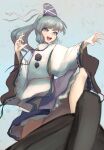 1girl absurdres black_ribbon boat commentary_request feet_out_of_frame flat_chest grey_eyes grey_hair grey_headwear hat highres japanese_clothes kariginu long_hair long_sleeves looking_afar mizuki_0630 mononobe_no_futo neck_ribbon open_mouth pom_pom_(clothes) ponytail posing purple_skirt ribbon ribbon-trimmed_sleeves ribbon_trim skirt smile solo standing tate_eboshi touhou watercraft wide_sleeves 