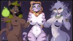  2023 anthro belladonna_(trials_of_mana) black_body black_fur black_hair black_nose breasts captain_neyla disney disney&#039;s_aladdin domestic_cat felid feline felis female fire fur genitals group hair hi_res hood mammal mirage_(disney) navel nipples nude pantherine purple_body purple_fur purple_hair pussy sly_cooper_(series) smile sony_corporation sony_interactive_entertainment striped_body striped_fur stripes sucker_punch_productions teeth tiger trials_of_mana trio yawg 